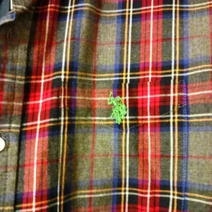 Polo Button Down Tartan plaid red gray blue.